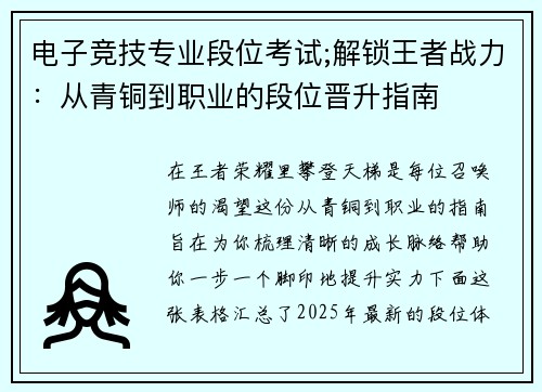 电子竞技专业段位考试;解锁王者战力：从青铜到职业的段位晋升指南